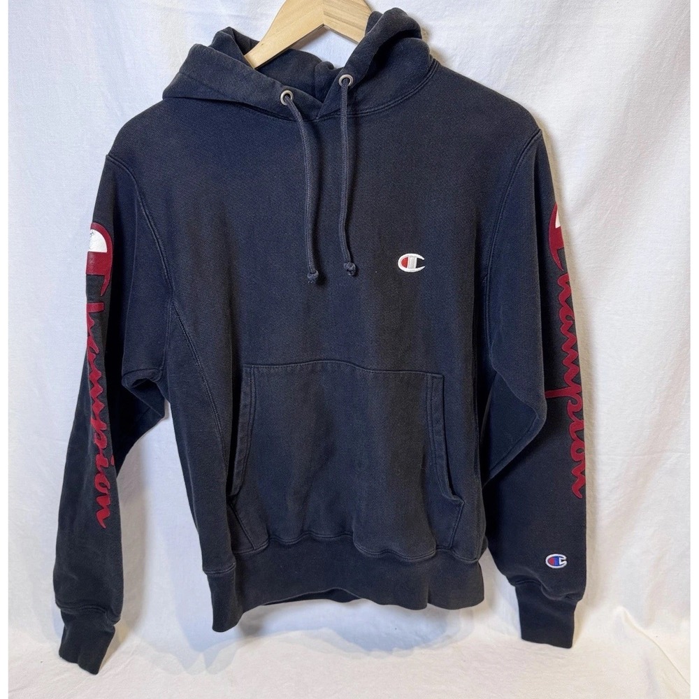 Champion Hoodie Reverse Weave Flock Arm Men's Small Black Spell Out Felt Letters